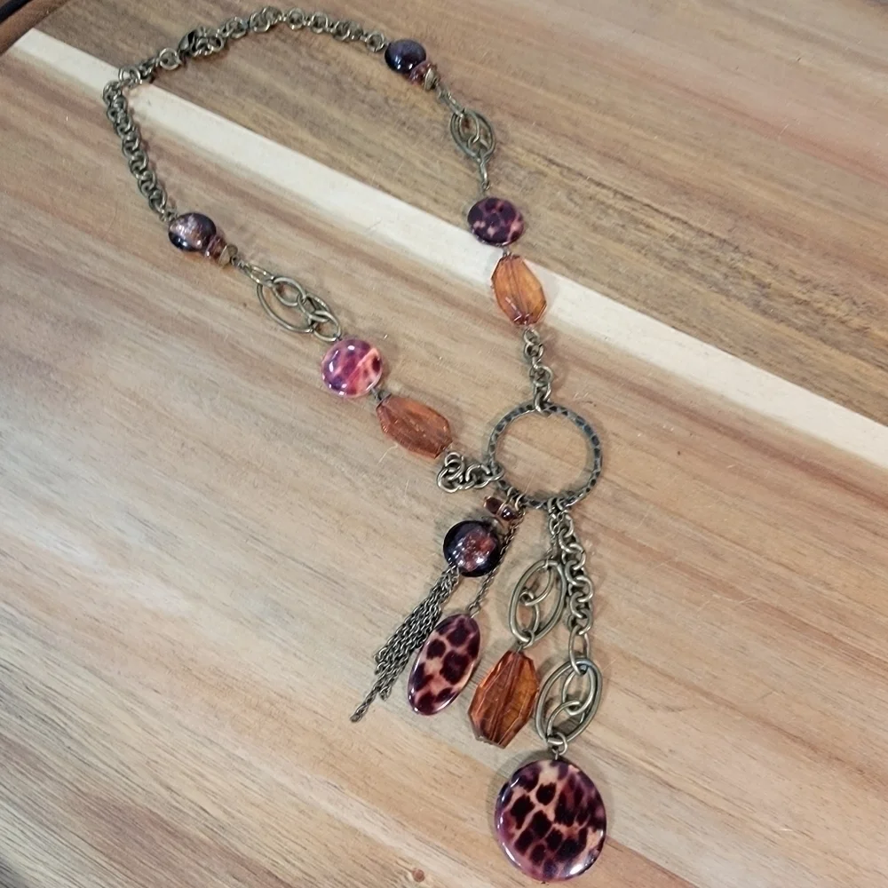 Antique Bronze Metal Statement Necklace with Amber beads and Chain Tassels Boho